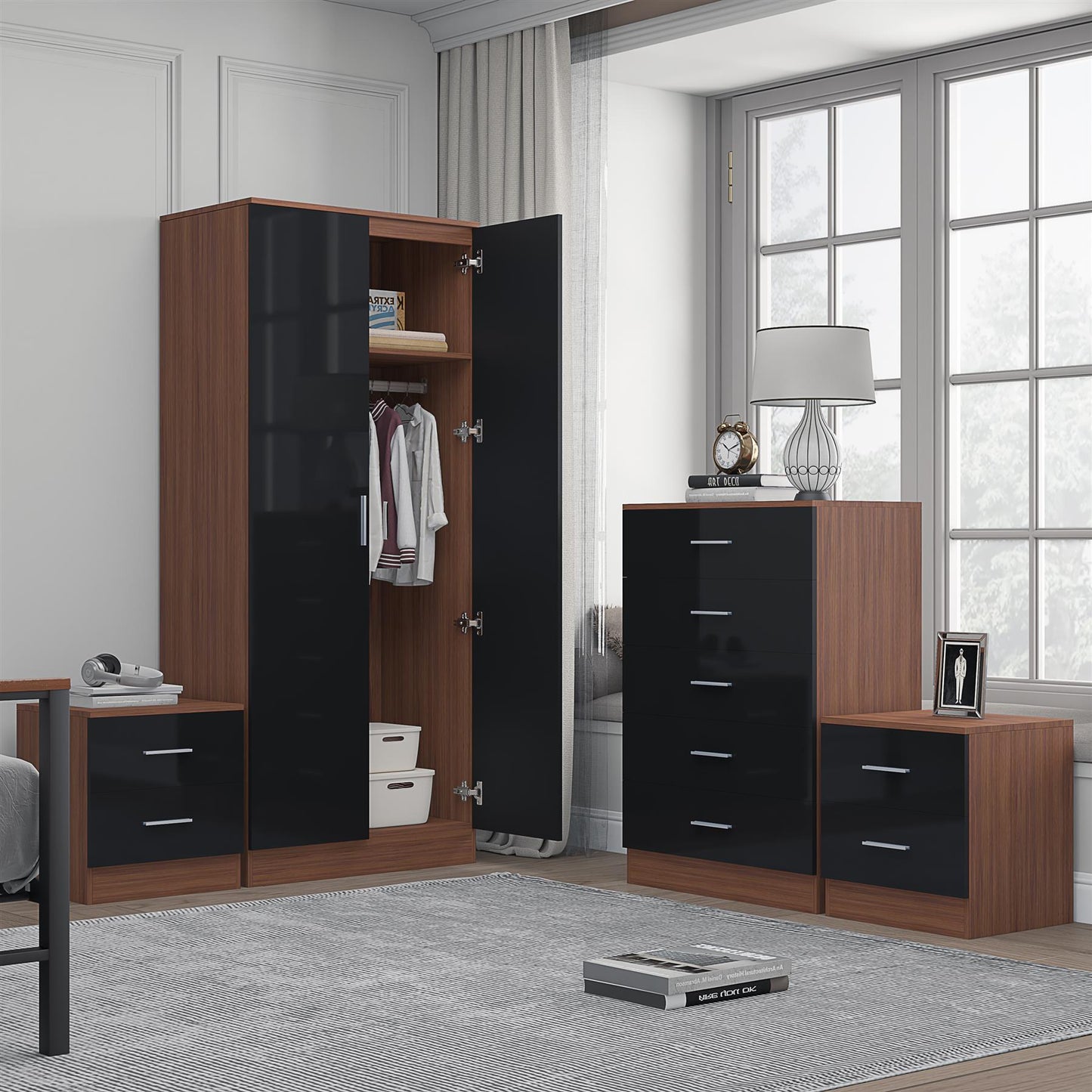 Reflect 2 Door Plain Wardrobe, 5 Drawer Chest, 2x 2 Drawer Bedsides - Black Gloss & Walnut - Modern Bedroom Furniture Set