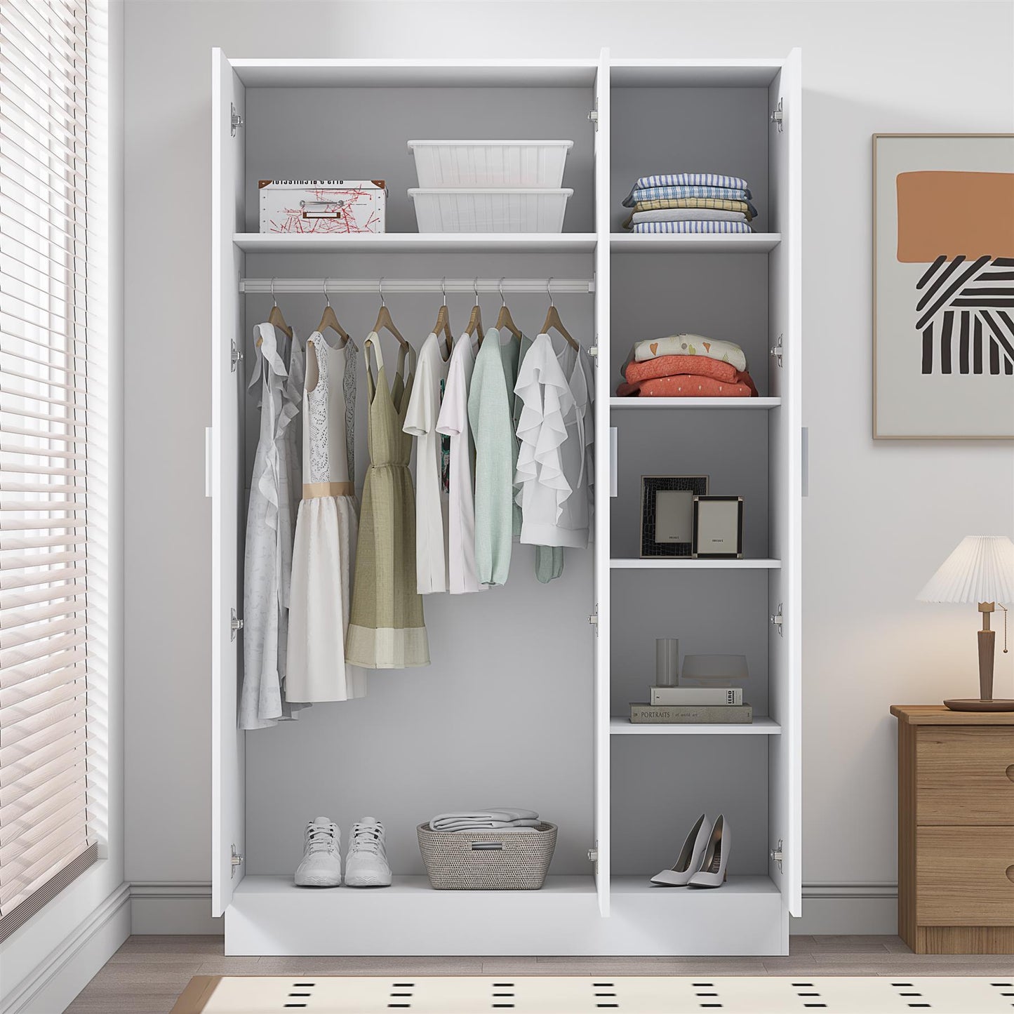 Reflect 3 Door Mirror Wardrobe-White Gloss & Matt White-Hanging Rail & 4 Shelves - Modern Design