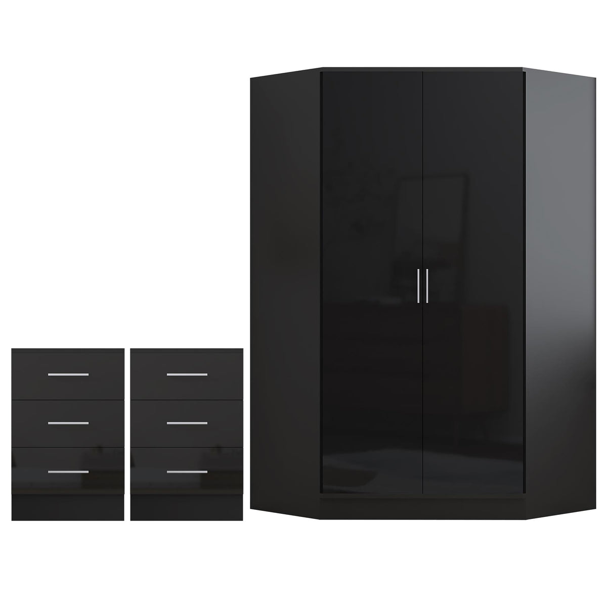 Reflect 3pc Wardrobe Bundle - 2 Door Corner + 2x 3 Drawer Bedsides - Black Gloss & Black Oak