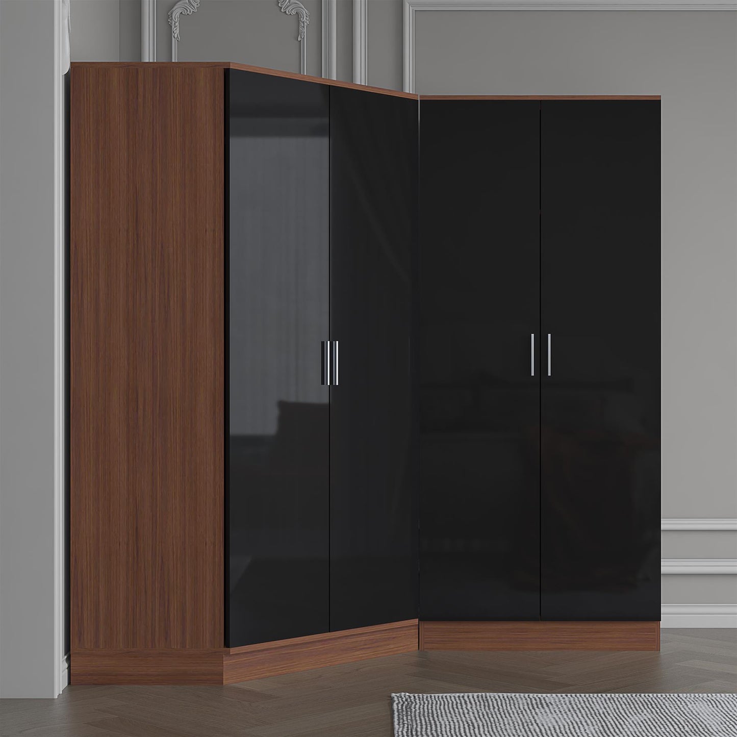 Reflect 2pc Wardrobe Bundle - 2 Door Corner + 2 Door Plain - Black Gloss & Walnut