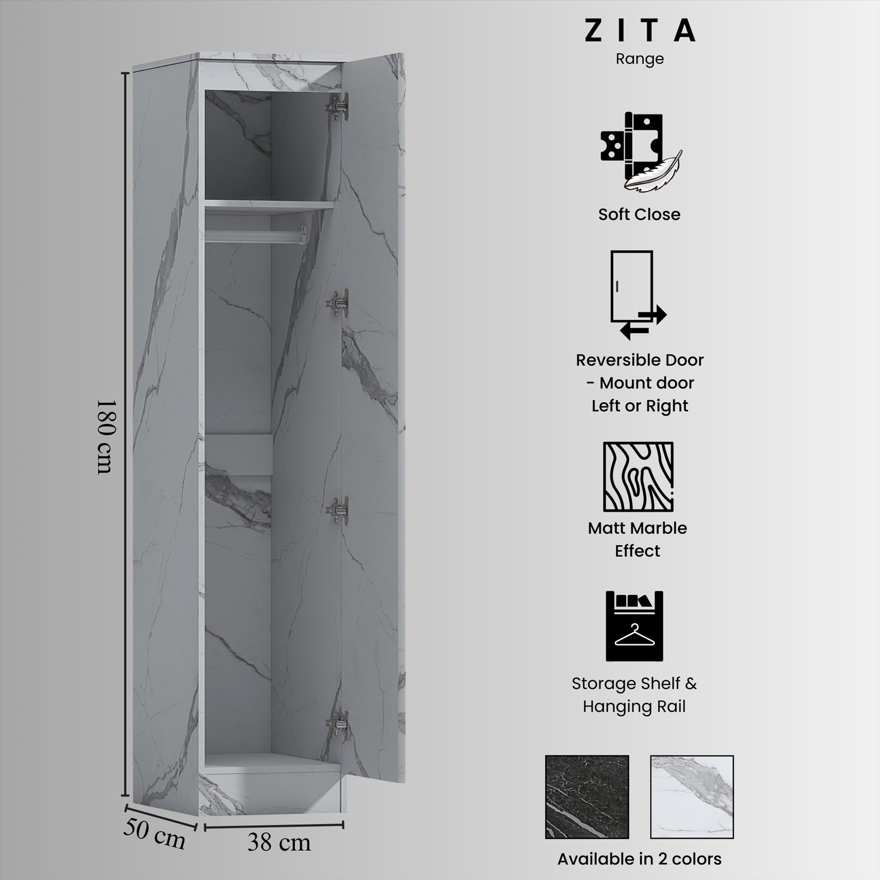 ZITA Compact 1-Door Wardrobe in White Marble Effect - Bedroom Storage, Stylish and Space-Saving