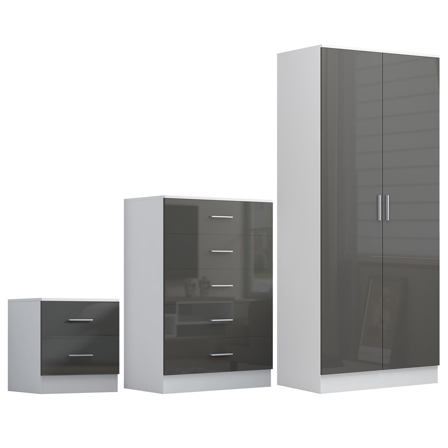 REFLECT Gloss 3pc Bedroom Set - 2 Door Wardrobe + 5 Draw Chest + Bedside