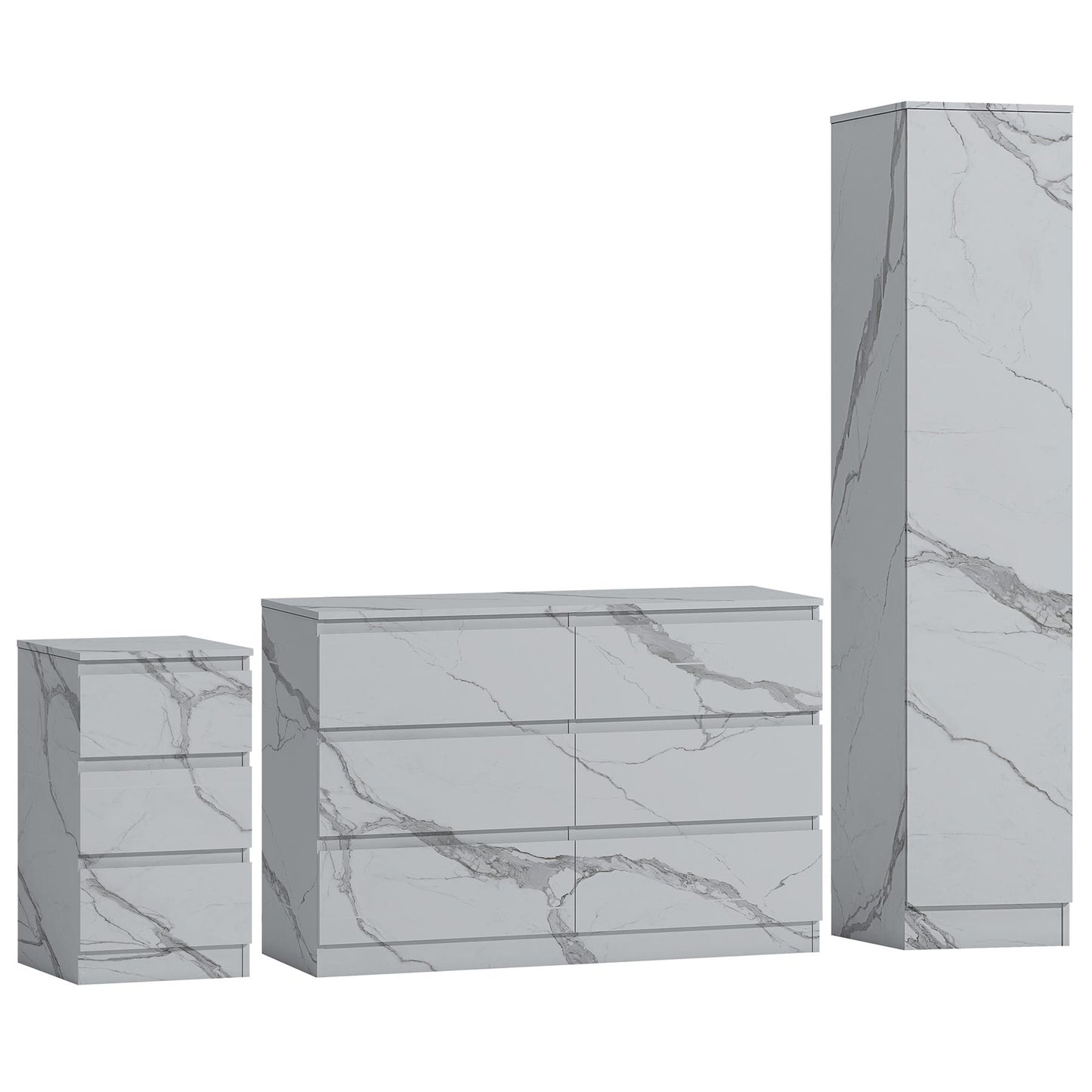 ZITA White Marble Effect 3 Piece Bedroom Set - 1-Door Wardrobe, Wide Chest & Bedside Table, Stylish Modern Bedroom Furniture