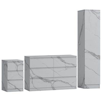 ZITA White Marble Effect 3 Piece Bedroom Set - 1-Door Wardrobe, Wide Chest & Bedside Table, Stylish Modern Bedroom Furniture