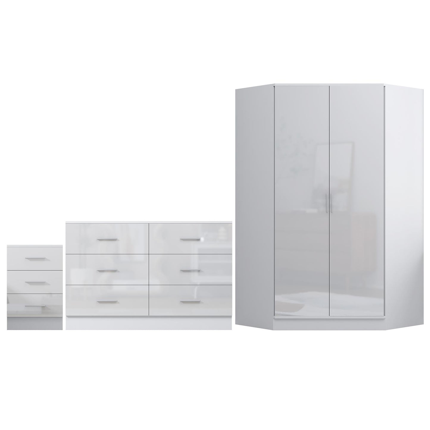 Reflect 2 Door Corner Wardrobe, 6 Drawer Chest, 3 Drawer Bedside - White Gloss & Matt White - Bedroom Furniture Set