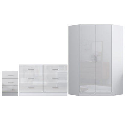 Reflect 2 Door Corner Wardrobe, 6 Drawer Chest, 3 Drawer Bedside - White Gloss & Matt White - Bedroom Furniture Set