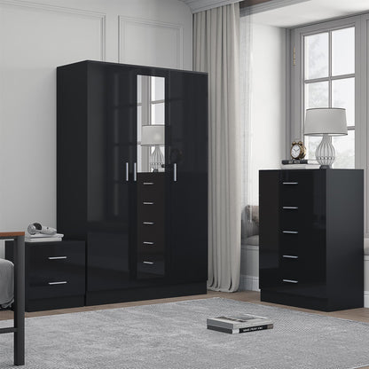 REFLECT Gloss 3pc Set - 3 Door Mirrored Wardrobe + 5 Draw Chest + Bedside