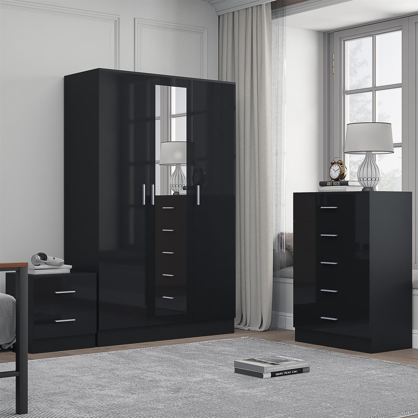 Reflect 3 Door Mirror Wardrobe, 5 Drawer Chest, 2 Drawer Bedside - Black Gloss & Black Oak - Modern Bedroom Furniture Set