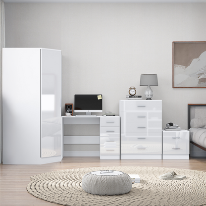 REFLECT - 1 Door Corner + 5 Drawer Chest + 2 Drawer Bedside + 4 Drawer Desk in Gloss White / Matt White