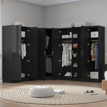 Reflect 4pc Wardrobe Bundle - 2 Door Corner + 3 Door Mirror + 3 Door Plain + 1 Door Plain - Black Gloss & Black Oak