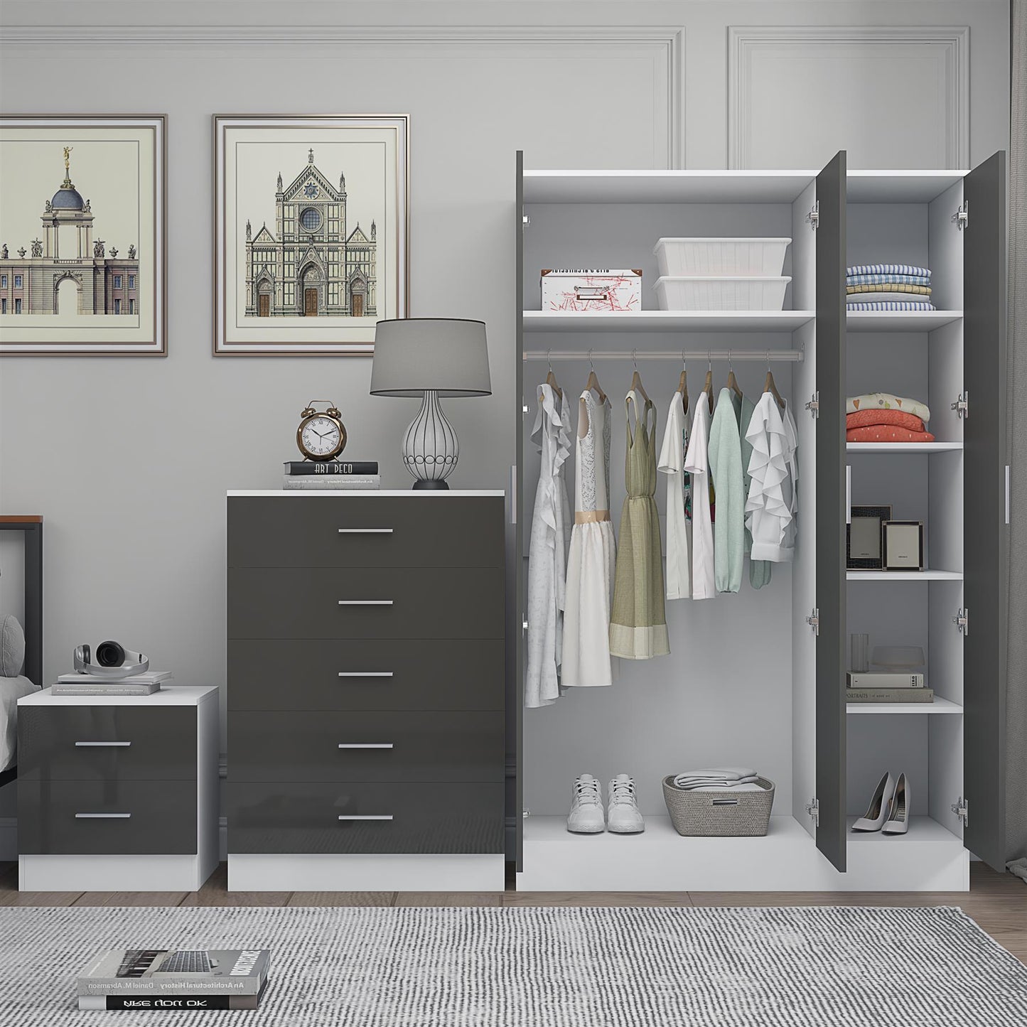 REFLECT Gloss 3pc Bedroom Set - 3 Door Wardrobe + 5 Draw Chest + Bedside