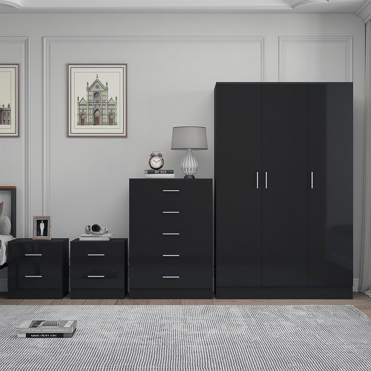 Reflect 3 Door Plain Wardrobe, 5 Drawer Chest, 2x 2 Drawer Bedsides - Black Gloss & Black Oak - Modern Bedroom Furniture Set