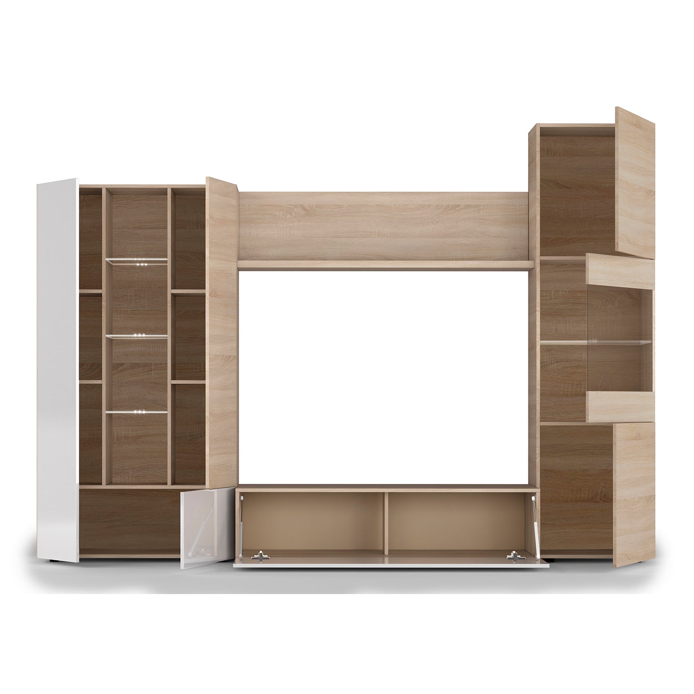 Modern Oak & White TV Unit with Glass Details and LED Lights- Media Storage for Living Rooms
