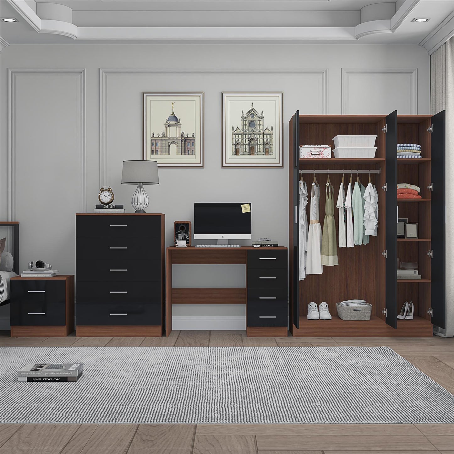 REFLECT Gloss 4pc Bedroom Set - 3 Door Wardrobe + Tall Chest + Bedside + Desk