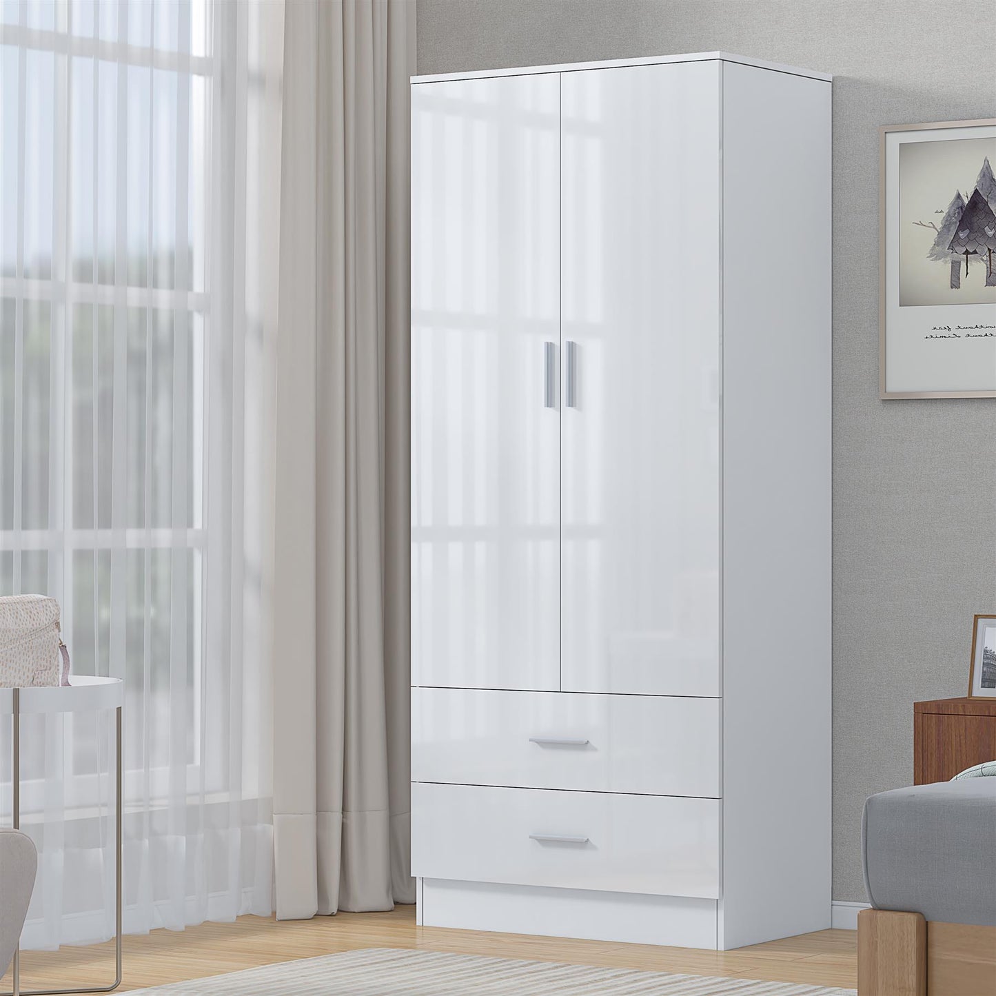 Reflect 2 Door 2 Drawer Combi Plain Wardrobe - White Gloss & Matt White - Hanging Rails, Drawers & Shelf