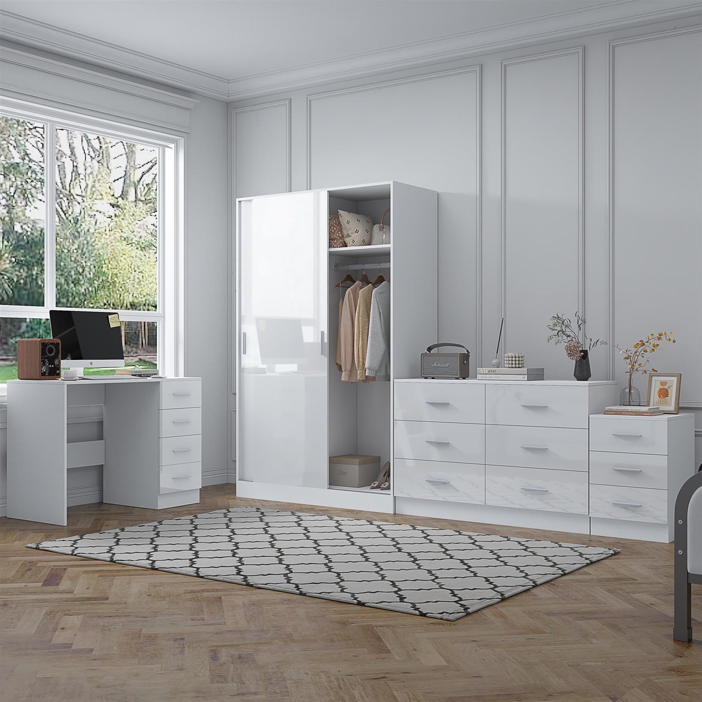 Reflect 2 Door Sliding Wardrobe, 6 Drawer Wide Chest, 3 Drawer Bedside, 4 Drawer Desk - White Gloss & Matt White - Modern Bedroom Furniture Set