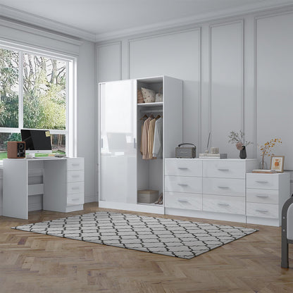 Reflect 2 Door Sliding Wardrobe, 6 Drawer Wide Chest, 3 Drawer Bedside, 4 Drawer Desk - White Gloss & Matt White - Modern Bedroom Furniture Set