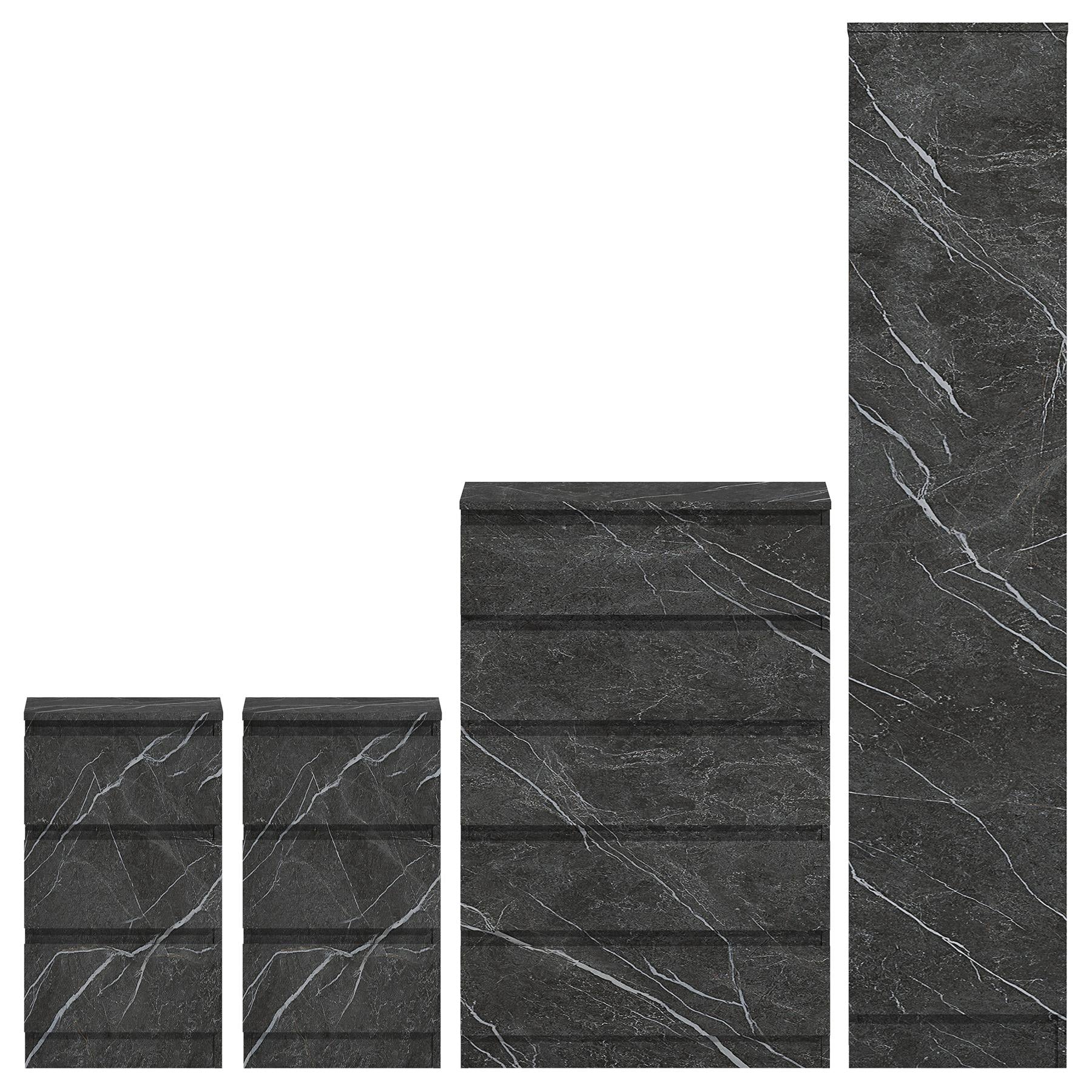 ZITA 4pc Grey Marble Effect Bedroom Set - 1-Door Wardrobe, Tall Chest & 2 Bedside Tables, Stylish Modern Storage Furniture