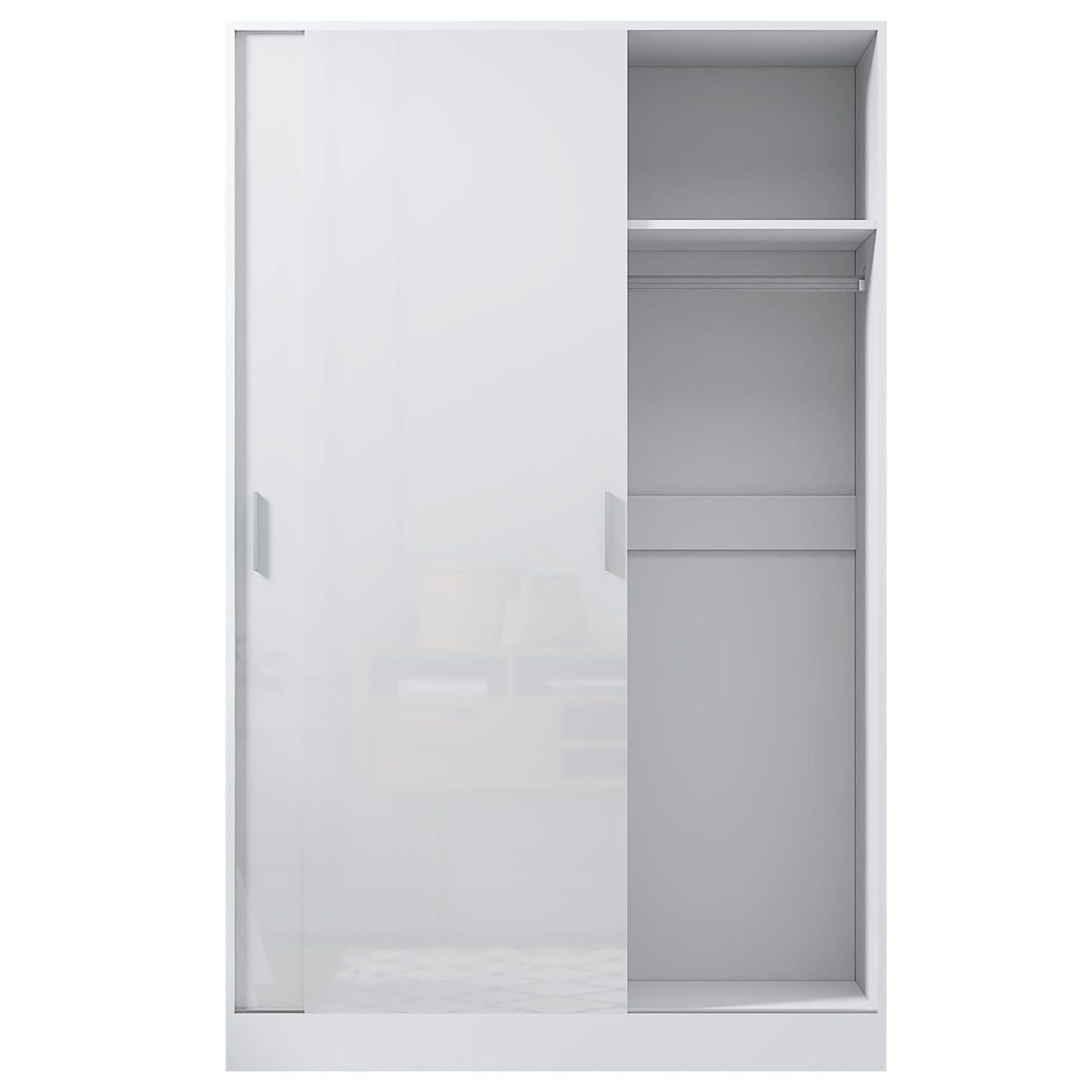 Reflect 2 Door Sliding Wardrobe, 5 Drawer Chest, 2 Drawer Bedside - White Gloss & Matt White - Modern Bedroom Furniture Set
