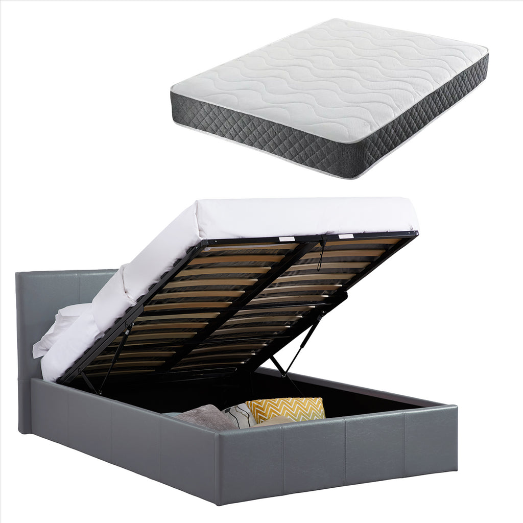 LUNA Faux Leather Ottoman Storage Bedframe in Grey 4 Size + Mattress Options