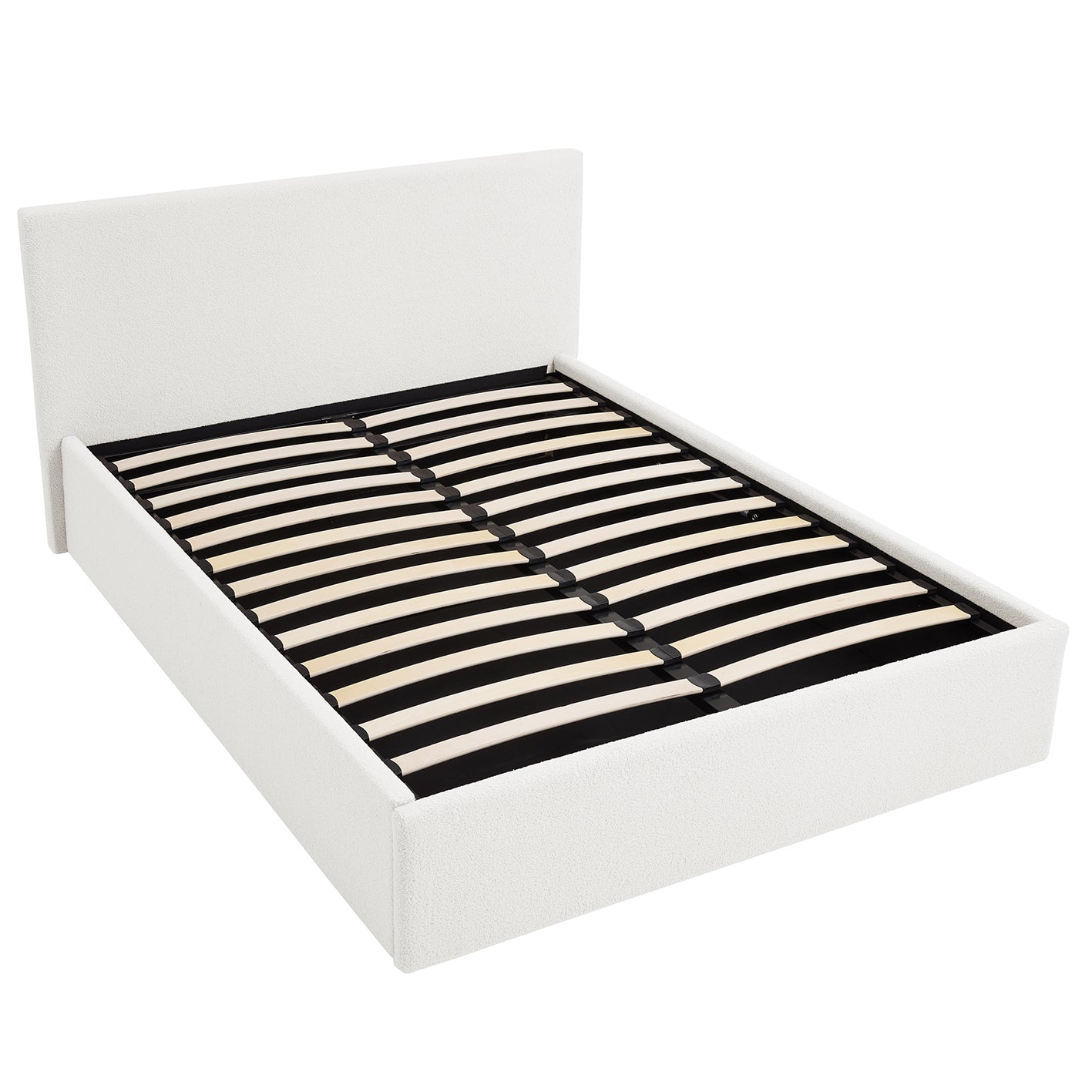 TEDDY BOUCLE 4FT Small Double White Ottoman Storage Bed Gas Lift Up with Bonnell Spring Mattress