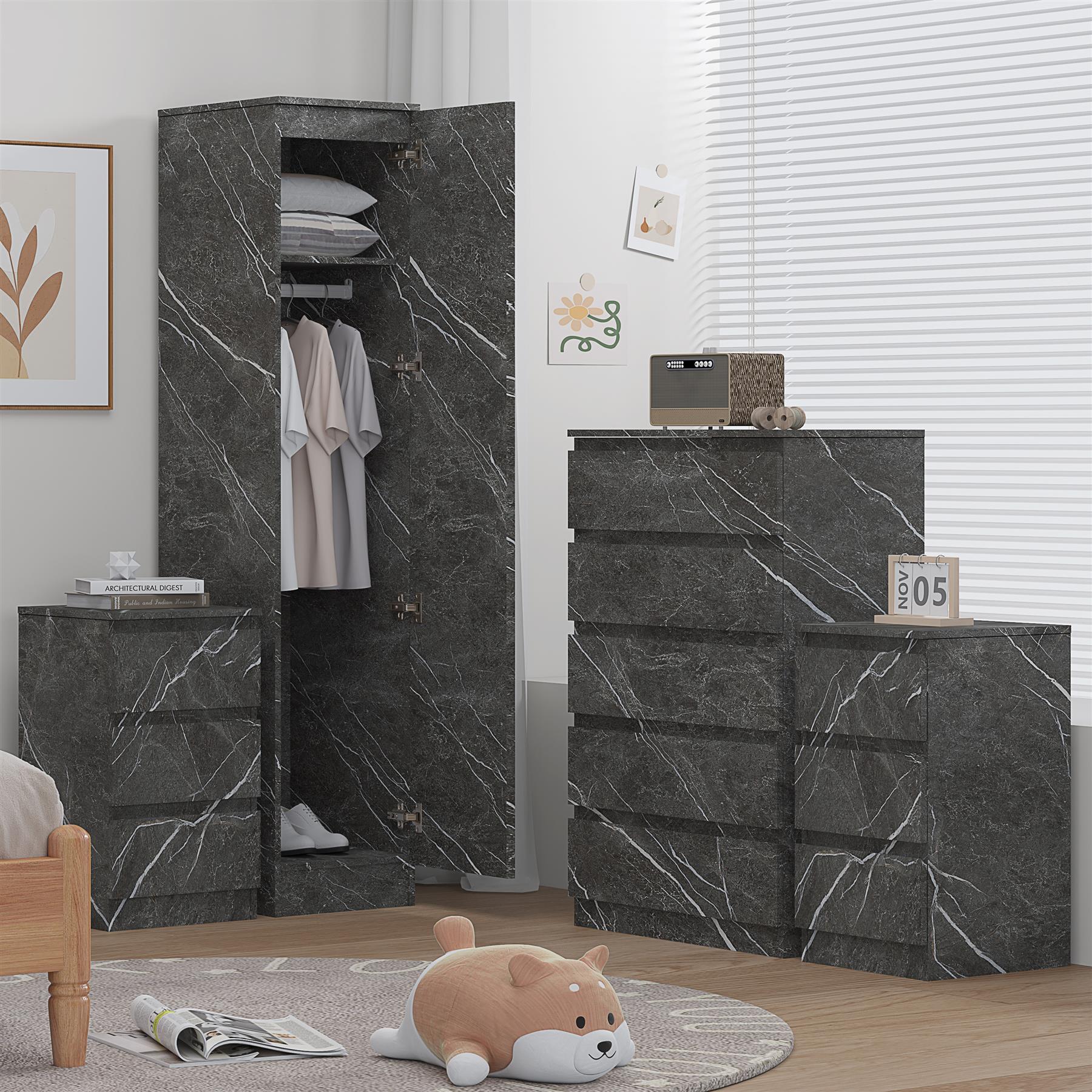 ZITA 4pc Grey Marble Effect Bedroom Set - 1-Door Wardrobe, Tall Chest & 2 Bedside Tables, Stylish Modern Storage Furniture