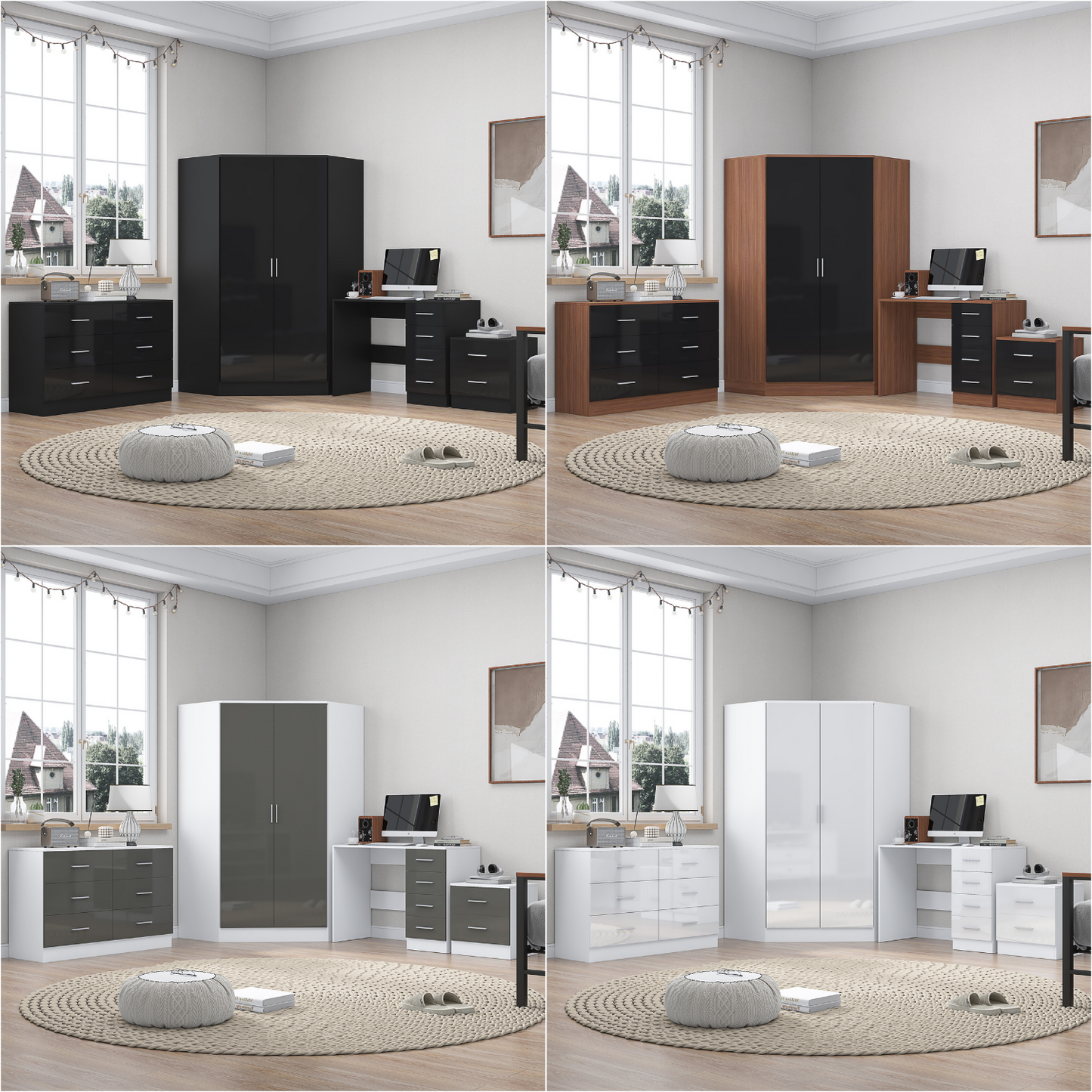 REFLECT 4pc Bedroom Set - Corner, Wide Chest, Bedside, Desk - 4 Colour Options