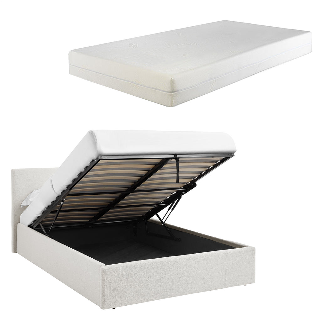 TEDDY BOUCLE 4FT Small Double White Ottoman Storage Bed Gas Lift Up with 25cm Memory Foam Mattress