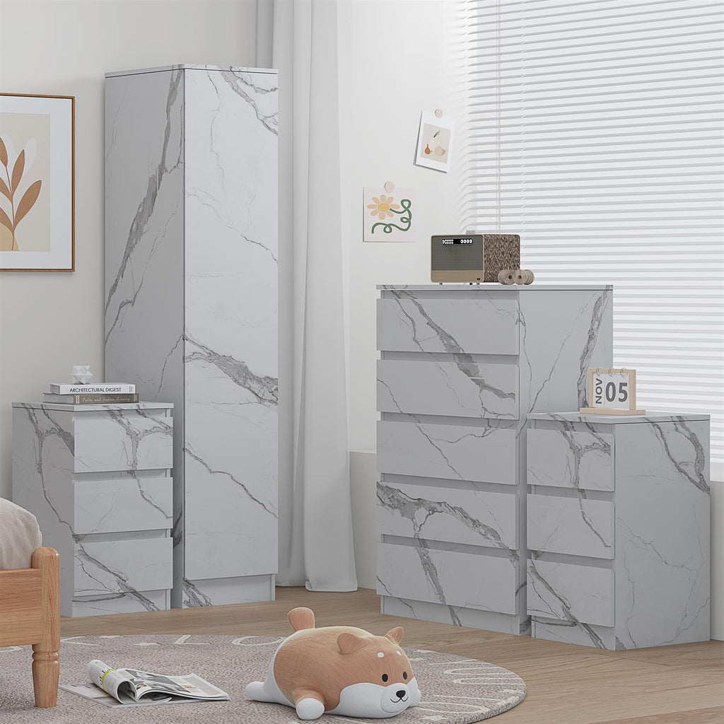 ZITA 4pc White Marble Effect Bedroom Set - 1-Door Wardrobe, Tall Chest & 2 Bedside Tables, Stylish Modern Storage Furniture