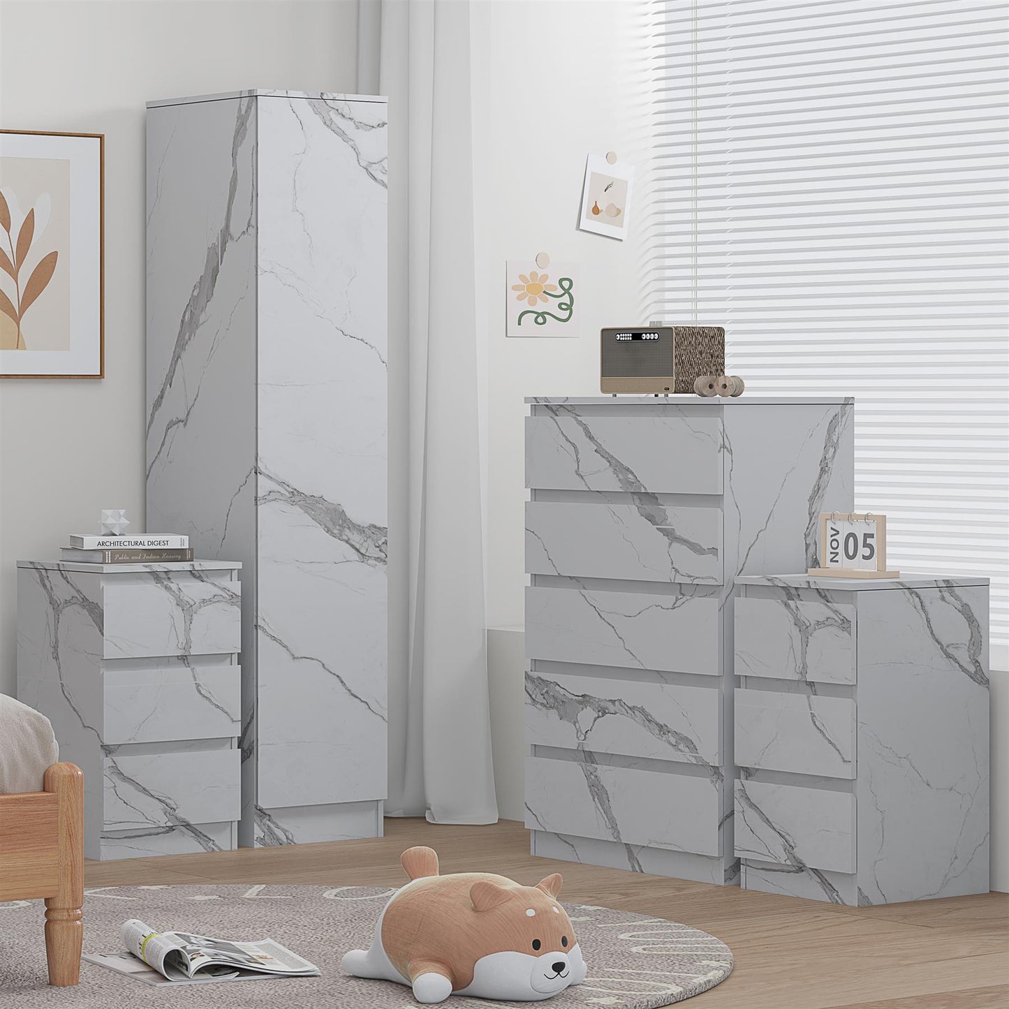 ZITA 4pc White Marble Effect Bedroom Set - 1-Door Wardrobe, Tall Chest & 2 Bedside Tables, Stylish Modern Storage Furniture