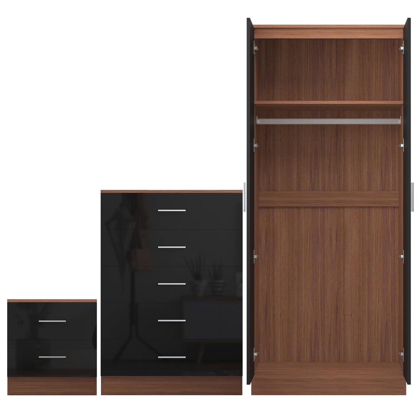 REFLECT Gloss 3pc Bedroom Set - 2 Door Wardrobe + 5 Draw Chest + Bedside