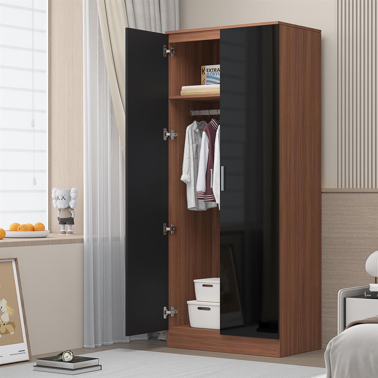 Reflect 2 Door Plain Wardrobe - Black Gloss & Walnut - Hanging Rails & Shelves - Modern Sleek Design