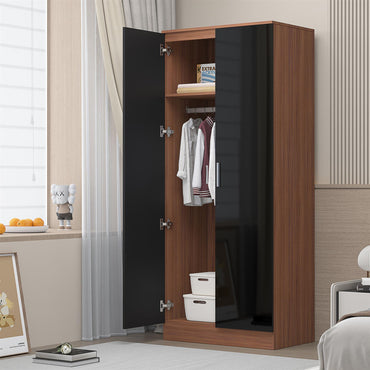 Reflect 2 Door Plain Wardrobe - Black Gloss & Walnut - Hanging Rails & Shelves - Modern Sleek Design