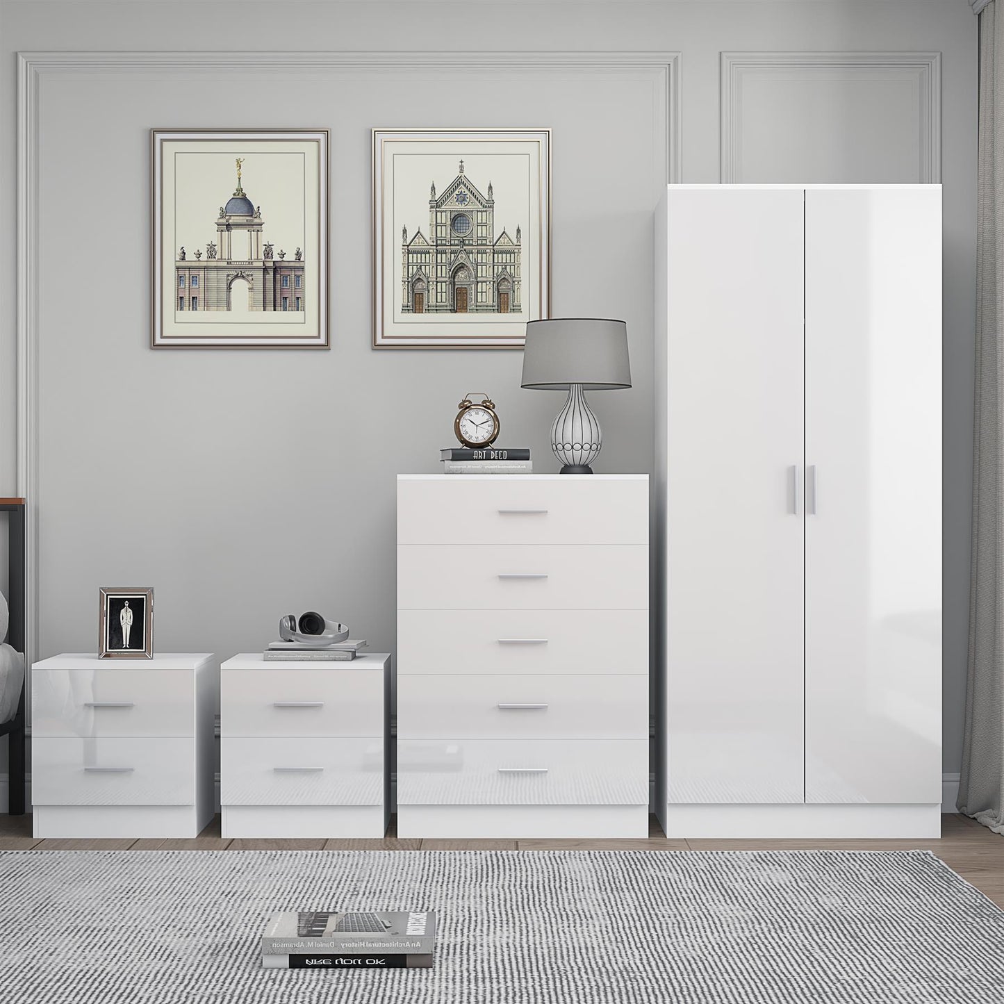 REFLECT Gloss 4pc Bedroom Set - 2 Door Wardrobe + 5 Draw Chest + 2 Bedsides