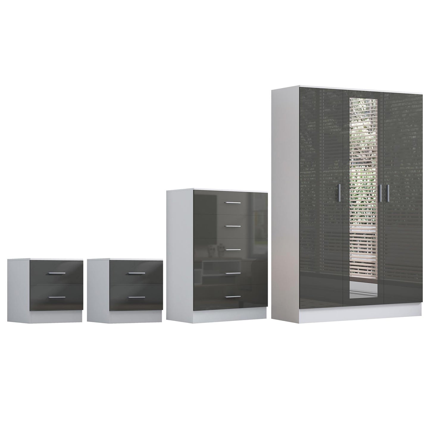 Reflect 3 Door Mirror Wardrobe, 5 Drawer Chest, 2x 2 Drawer Bedsides - Grey Gloss & Matt White - Modern Bedroom Furniture Set