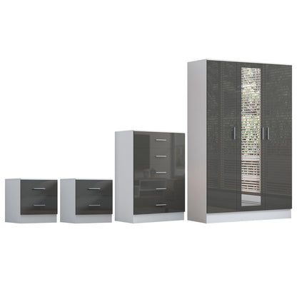Reflect 3 Door Mirror Wardrobe, 5 Drawer Chest, 2x 2 Drawer Bedsides - Grey Gloss & Matt White - Modern Bedroom Furniture Set