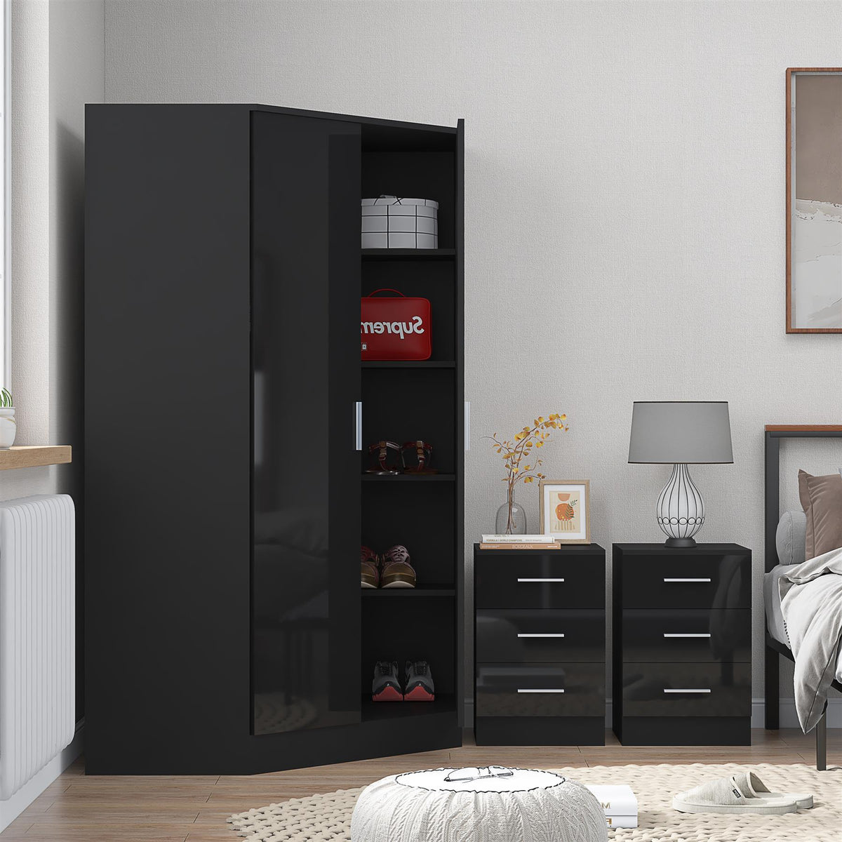 Reflect 3pc Wardrobe Bundle - 2 Door Corner + 2x 3 Drawer Bedsides - Black Gloss & Black Oak