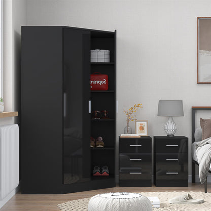 Reflect 3pc Wardrobe Bundle - 2 Door Corner + 2x 3 Drawer Bedsides - Black Gloss & Black Oak