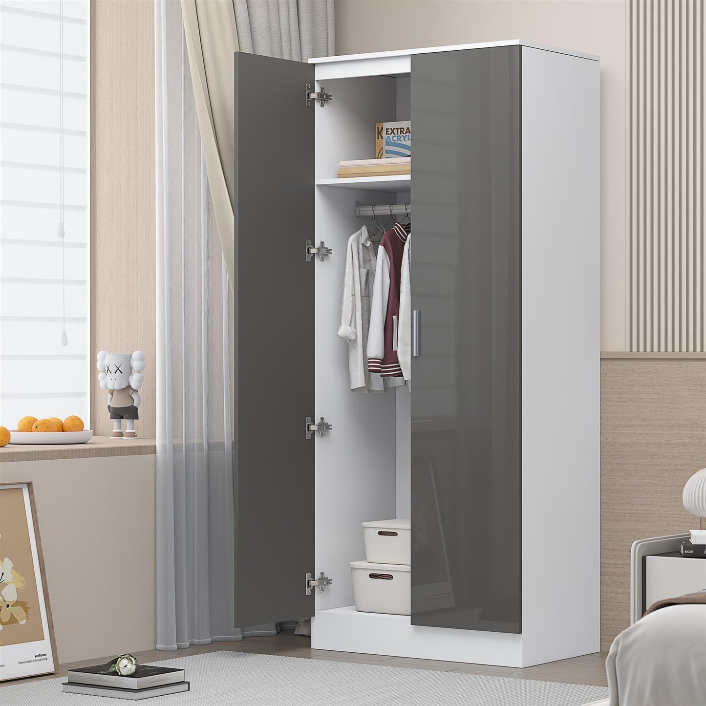 REFLECT High Gloss Bedroom Furniture Wardrobe Chest Bedside Desk in Grey/White