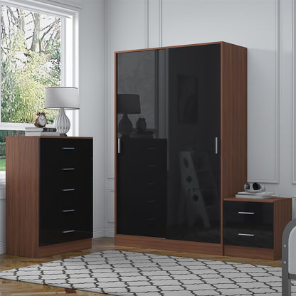 Reflect 2 Door Sliding Wardrobe, 5 Drawer Chest, 2 Drawer Bedside - Black Gloss & Walnut - Modern Bedroom Furniture Set