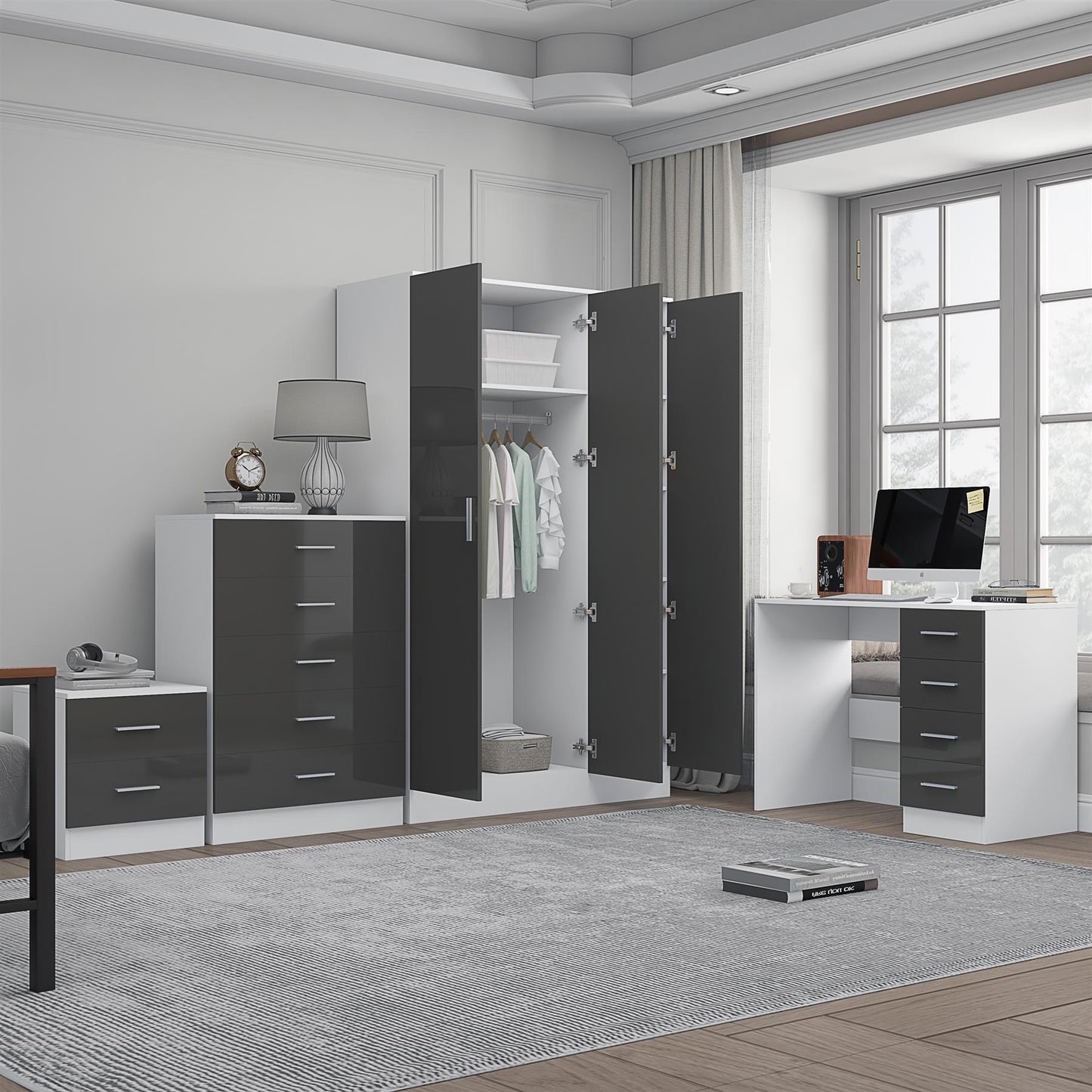 Reflect 3 Door Plain Wardrobe, 5 Drawer Chest, 2 Drawer Bedside & Desk - Grey Gloss & Matt White - Modern Bedroom Furniture Set