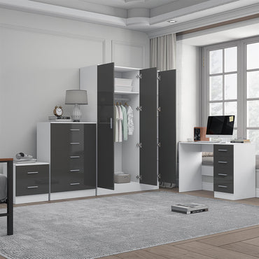 Reflect 3 Door Plain Wardrobe, 5 Drawer Chest, 2 Drawer Bedside & Desk - Grey Gloss & Matt White - Modern Bedroom Furniture Set