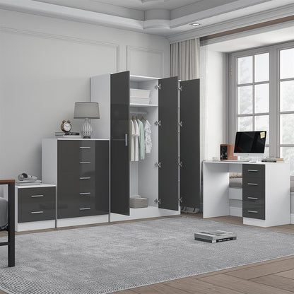 Reflect 3 Door Plain Wardrobe, 5 Drawer Chest, 2 Drawer Bedside & Desk - Grey Gloss & Matt White - Modern Bedroom Furniture Set