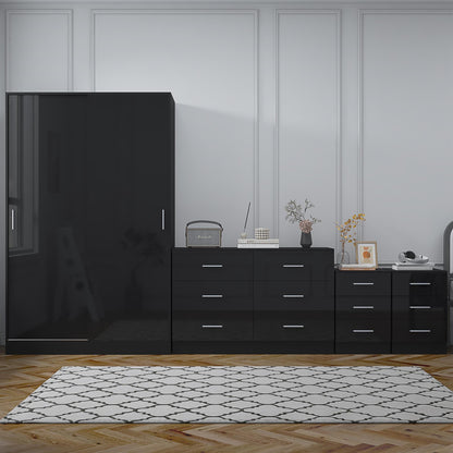 Reflect 2 Door Sliding Wardrobe, 6 Drawer Wide Chest, 2x3 Drawer Bedsides - Black Gloss & Black Oak - Modern Bedroom Furniture Set