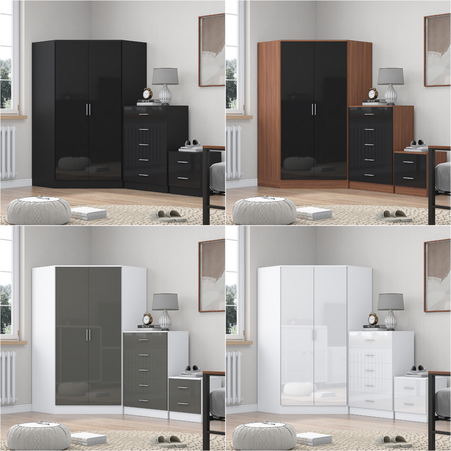 REFLECT Gloss 3pc Set - 2 Door Corner Wardrobe + 5 Draw Chest + Bedside