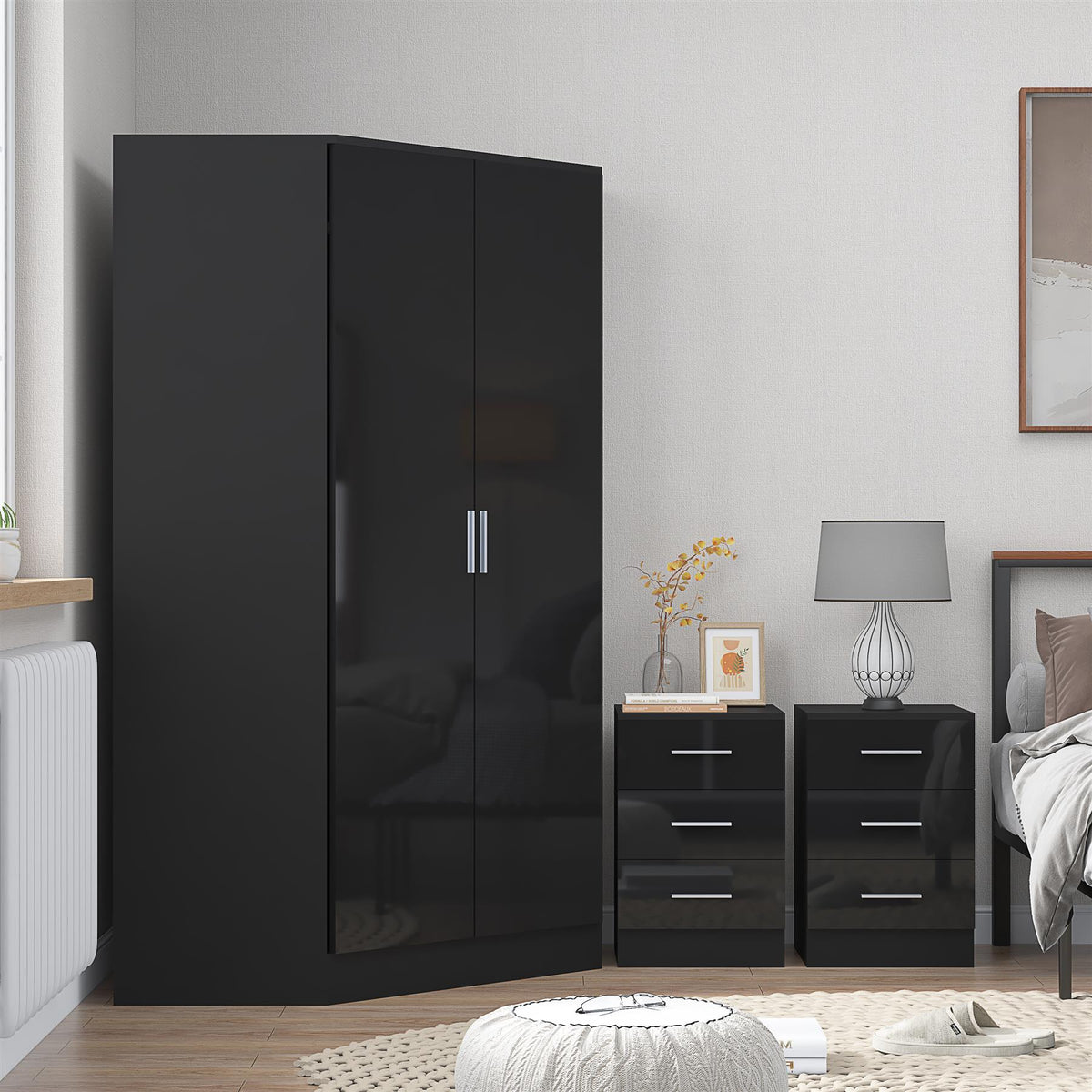 Reflect 3pc Wardrobe Bundle - 2 Door Corner + 2x 3 Drawer Bedsides - Black Gloss & Black Oak