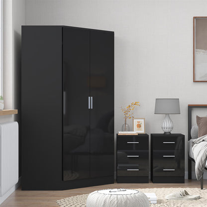 Reflect 3pc Wardrobe Bundle - 2 Door Corner + 2x 3 Drawer Bedsides - Black Gloss & Black Oak