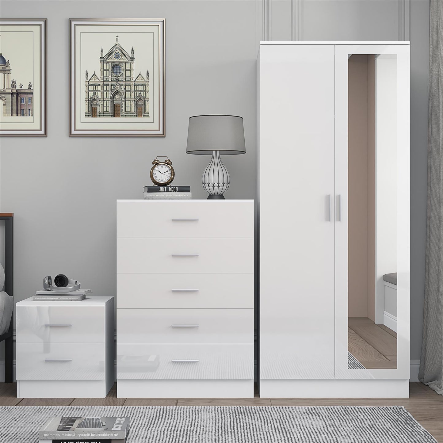 REFLECT Gloss 3pc Set - 2 Door Mirrored Wardrobe + 5 Draw Chest + Bedside