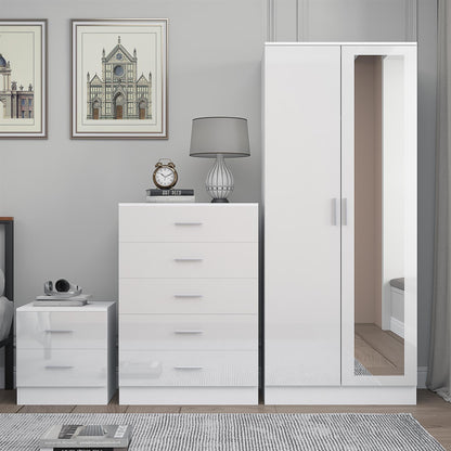 REFLECT Gloss 3pc Set - 2 Door Mirrored Wardrobe + 5 Draw Chest + Bedside