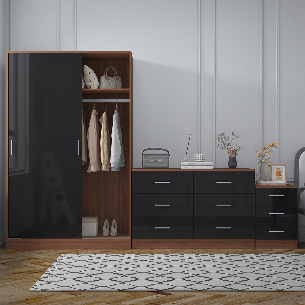 REFLECT Gloss 3pc Set - 2 Door Sliding Wardrobe + Wide Chest + Tall Bedside